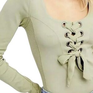 Free People - Looking Back Green Grommet Lace Up Long Sleeve Shirt Sz M